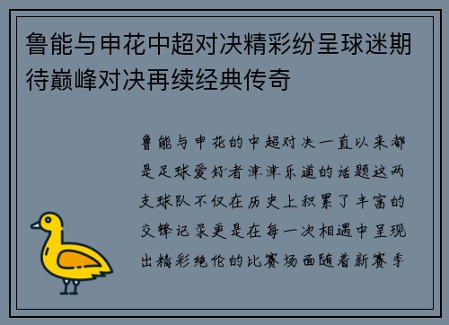 鲁能与申花中超对决精彩纷呈球迷期待巅峰对决再续经典传奇